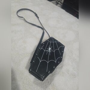 Black Coffin-Shaped Crossbody Bag with Spider Web Design